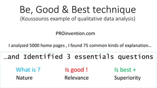 …and Identified 3 essentials questions
Be, Good & Best technique
(Koussouros example of qualitative data analysis)
I analyzed 5000 home pages , I found 75 common kinds of explanation…
Nature Relevance Superiority
What is ? Is good ! Is best +
PROinvention.com
 