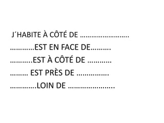 J´HABITE À CÔTÉ DE ……………………..
…………EST EN FACE DE……….
………..EST À CÔTÉ DE …………
……… EST PRÈS DE …………….
………….LOIN DE …………………..
 
