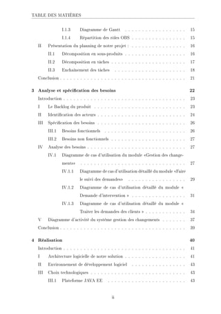 TABLE DES MATIÈRES
I.1.3 Diagramme de Gantt . . . . . . . . . . . . . . . . . . 15
I.1.4 Répartition des rôles OBS . . . . . . . . . . . . . . . . 15
II Présentation du planning de notre projet : . . . . . . . . . . . . . . . . 16
II.1 Décomposition en sous-produits . . . . . . . . . . . . . . . . . . 16
II.2 Décomposition en tâches . . . . . . . . . . . . . . . . . . . . . . 17
II.3 Enchaînement des tâches . . . . . . . . . . . . . . . . . . . . . 18
Conclusion . . . . . . . . . . . . . . . . . . . . . . . . . . . . . . . . . . . . . 21
3 Analyse et spécication des besoins 22
Introduction . . . . . . . . . . . . . . . . . . . . . . . . . . . . . . . . . . . . 23
I Le Backlog du produit . . . . . . . . . . . . . . . . . . . . . . . . . . . 23
II Identication des acteurs . . . . . . . . . . . . . . . . . . . . . . . . . . 24
III Spécication des besoins . . . . . . . . . . . . . . . . . . . . . . . . . . 26
III.1 Besoins fonctionnels . . . . . . . . . . . . . . . . . . . . . . . . 26
III.2 Besoins non fonctionnels . . . . . . . . . . . . . . . . . . . . . . 27
IV Analyse des besoins . . . . . . . . . . . . . . . . . . . . . . . . . . . . . 27
IV.1 Diagramme de cas d'utilisation du module Gestion des change-
ments . . . . . . . . . . . . . . . . . . . . . . . . . . . . . . . 27
IV.1.1 Diagramme de cas d'utilisation détaillé du module Faire
le suivi des demandes . . . . . . . . . . . . . . . . . 29
IV.1.2 Diagramme de cas d'utilisation détaillé du module 
Demande d'intervention  . . . . . . . . . . . . . . . . 31
IV.1.3 Diagramme de cas d'utilisation détaillé du module 
Traiter les demandes des clients  . . . . . . . . . . . . 34
V Diagramme d'activité du système gestion des changements . . . . . . . 37
Conclusion . . . . . . . . . . . . . . . . . . . . . . . . . . . . . . . . . . . . . 39
4 Réalisation 40
Introduction . . . . . . . . . . . . . . . . . . . . . . . . . . . . . . . . . . . . 41
I Architecture logicielle de notre solution . . . . . . . . . . . . . . . . . . 41
II Environnement de développement logiciel . . . . . . . . . . . . . . . . 43
III Choix technologiques . . . . . . . . . . . . . . . . . . . . . . . . . . . . 43
III.1 Plateforme JAVA EE . . . . . . . . . . . . . . . . . . . . . . . 43
ii
 