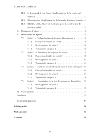TABLE DES MATIÈRES
III.2 Le framework Struts 2 pour l'implémentation de la couche pré-
sentation . . . . . . . . . . . . . . . . . . . . . . . . . . . . . . . 44
III.3 Hibernate pour l'impléméntation de la couche d'accès au données 44
III.4 HTML5, CSS3, jQuery et JavaScript pour la construction des
interfaces riches . . . . . . . . . . . . . . . . . . . . . . . . . . . 45
IV Diagramme de classe . . . . . . . . . . . . . . . . . . . . . . . . . . . . 45
V Déroulement des Sprints . . . . . . . . . . . . . . . . . . . . . . . . . . 48
V.1 Sprint1  Authentication et demande d'intervention  . . . . 49
V.1.1 Conception détaillée du sprint 1 . . . . . . . . . . . . . 49
V.1.2 Développement du sprint 1 . . . . . . . . . . . . . . . 53
V.1.3 Tests relatifs au sprint 1 . . . . . . . . . . . . . . . . 58
V.2 Sprint 2 -  Traitement des requêtes des clients . . . . . . . . 59
V.2.1 Conception détaillée du sprint 2 . . . . . . . . . . . . 59
V.2.2 Développement du sprint 2 . . . . . . . . . . . . . . . 62
V.2.3 Tests relatifs au sprint 2 . . . . . . . . . . . . . . . . . 64
V.3 Sprint 3  Suivi des projets et consultation de leurs historiques 65
V.3.1 Conception détaillée du sprint 3 . . . . . . . . . . . . 65
V.3.2 Développement du sprint 3 . . . . . . . . . . . . . . . 67
V.3.3 Tests relatifs au sprint 3 . . . . . . . . . . . . . . . . . 70
V.4 Sprint 4  Consultation de la liste des documents disponibles 71
V.4.1 Développement du sprint 4 . . . . . . . . . . . . . . . 71
V.4.2 Tests relatifs au sprint 4 . . . . . . . . . . . . . . . . . 72
VI Chronogramme . . . . . . . . . . . . . . . . . . . . . . . . . . . . . . . 73
Conclusion . . . . . . . . . . . . . . . . . . . . . . . . . . . . . . . . . . . . . 73
Conclusion générale 74
Bibliographie 76
Webographie 77
Annexes 78
iii
 