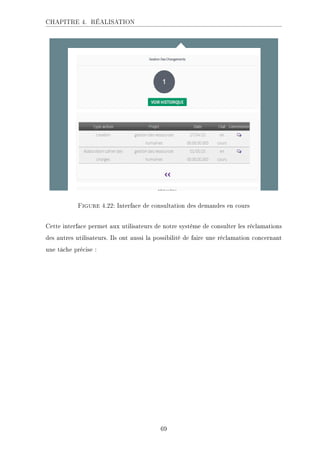 CHAPITRE 4. RÉALISATION
Figure 4.22: Interface de consultation des demandes en cours
Cette interface permet aux utilisateurs de notre système de consulter les réclamations
des autres utilisateurs. Ils ont aussi la possibilité de faire une réclamation concernant
une tâche précise :
69
 