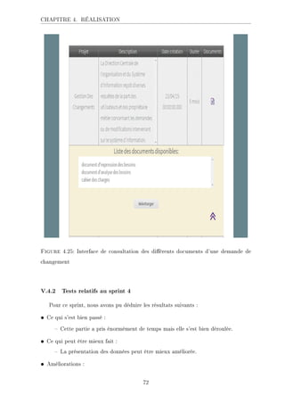 CHAPITRE 4. RÉALISATION
Figure 4.25: Interface de consultation des diérents documents d'une demande de
changement
V.4.2 Tests relatifs au sprint 4
Pour ce sprint, nous avons pu déduire les résultats suivants :
• Ce qui s'est bien passé :
 Cette partie a pris énormément de temps mais elle s'est bien déroulée.
• Ce qui peut être mieux fait :
 La présentation des données peut être mieux améliorée.
• Améliorations :
72
 