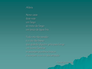Aldeia

Nove casas
duas ruas
um largo
ao meio do largo
um poço de água fria.

Tudo isto tão parado
e o céu tão baixo
que quando alguém grita para longe
um nome familiar
se assustam pombros bravos
e acordam ecos no descampado

                          Manuel da Fonseca
 