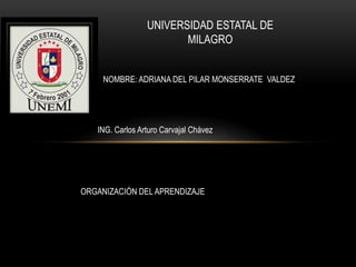 UNIVERSIDAD ESTATAL DE
MILAGRO
NOMBRE: ADRIANA DEL PILAR MONSERRATE VALDEZ
ING. Carlos Arturo Carvajal Chávez
ORGANIZACIÓN DEL APRENDIZAJE
 