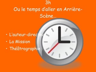 3h Ou le temps d’aller en Arrière-Scène… L’auteur-directeur La Mission Théâtrographie 