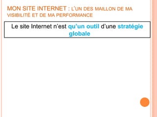 MON SITE INTERNET : L’UN DES MAILLON DE MA
VISIBILITÉ ET DE MA PERFORMANCE

 Le site Internet n’est qu’un outil d’une stratégie
                        globale
 