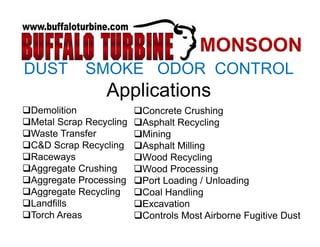 DUST SMOKE ODOR CONTROL
Applications
D liti C t C hiDemolition
Metal Scrap Recycling
Waste Transfer
Concrete Crushing
Asphalt Recycling
Mining
C&D Scrap Recycling
Raceways
Aggregate Crushing
g
Asphalt Milling
Wood Recycling
Wood ProcessingAggregate Crushing
Aggregate Processing
Aggregate Recycling
L dfill
Wood Processing
Port Loading / Unloading
Coal Handling
E tiLandfills
Torch Areas
Excavation
Controls Most Airborne Fugitive Dust
 