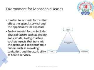 Environment for Monsoon diseases
• It refers to extrinsic factors that
affect the agent’s survival and
the opportunity for exposure.
• Environmental factors include
physical factors such as geology
and climate, biologic factors
such as insects that transmit
the agent, and socioeconomic
factors such as crowding,
sanitation, and the availability
of health services.
Dr. Niraj Pandit-Monsoon Disease Prevention
 