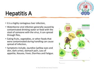 Hepatitis A
• It is a highly contagious liver infection,
• Waterborne viral infection generally caused by
contaminated drinking water or food with the
stool of someone with the virus, it can spread
through flies,
• Eating fruits, vegetables, or other foods that
were contaminated during handling can cause
spread of infection,
• Symptoms include, Jaundice (yellow eyes and
skin, dark urine), stomach pain, Loss of
appetite, Nausea, Fever, Diarrhea and Fatigue.
Dr. Niraj Pandit-Monsoon Disease Prevention
 
