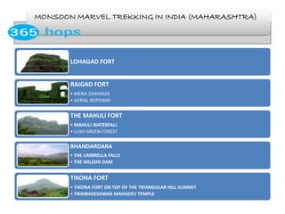 MONSOON MARVEL TREKKING IN INDIA (MAHARASHTRA)
LOHAGAD FORT
RAIGAD FORT
• MENA DARWAZA
• AERIAL ROPEWAY
THE MAHULI FORT
• MAHULI WATERFALL
• LUSH GREEN FOREST
BHANDARDARA
• THE UMBRELLA FALLS
• THE WILSON DAM
TIKONA FORT
• TIKONA FORT ON TOP OF THE TRIANGULAR HILL SUMMIT
• TRIMBAKESHWAR MAHADEV TEMPLE
 