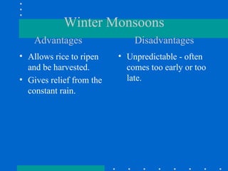 Winter Monsoons Advantages   Disadvantages Allows rice to ripen and be harvested. Gives relief from the constant rain. Unpredictable - often comes too early or too late. 