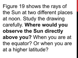 Figure 19 shows the rays of
the Sun at two different places
at noon. Study the drawing
carefully. Where would you
observe the Sun directly
above you? When you are at
the equator? Or when you are
at a higher latitude?
 