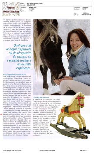 Subject :       DISTEC INTERNATIONAL
                             Keyword :       EQUIBOOST
                             Publication :     MON SPORT                            Frequency :     PERIODIC
                             Date :            01/01/2011                           Circulation :   170000
                             Page(s) :         14+15
                                                                                    Size :          1 080.33 cm²
                                                                                    1219 Id :       201101110443T




Page Clippings Size : 532.07 cm²                            FOR INTERNAL USE ONLY               A4- Page 2 / 2
 