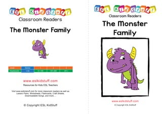 The Monster
Family
www.eslkidstuff.com
© Copyright ESL KidStuff
Classroom Readers
Classroom Readers
The Monster Family
www.eslkidstuff.com
Visit www.eslkidstuff.com for more classroom readers as well as
Lesson Plans, Worksheets, Flashcards, Craft Sheets,
Downloadable Songs, and more ...
© Copyright ESL KidStuff
Resources for Kids ESL Teachers
Level:
Headwords:
Starter 1 2 3
1-50 51-100 101-200 201+
 