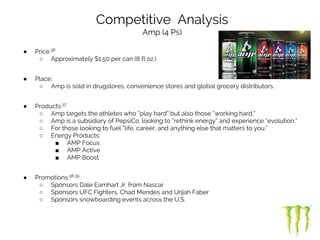 ● Price:36
○ Approximately $1.50 per can (8 fl oz.)
● Place:
○ Amp is sold in drugstores, convenience stores and global grocery distributors.
● Products:37
○ Amp targets the athletes who “play hard” but also those “working hard.”
○ Amp is a subsidiary of PepsiCo. looking to “rethink energy” and experience “evolution.”
○ For those looking to fuel “life, career, and anything else that matters to you.”
○ Energy Products:
■ AMP Focus
■ AMP Active
■ AMP Boost
● Promotions:38,39
○ Sponsors Dale Earnhart Jr. from Nascar
○ Sponsors UFC Fighters, Chad Mendes and Urijah Faber
○ Sponsors snowboarding events across the U.S.
Competitive Analysis
Amp (4 Ps)
 