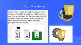 Card War Game
Create Deck of Cards. Create Game Players. Deal
the cards. Visual Cards for player. All players turn
over top card, whoever has the highest card gets all
the cards. Objective is to get all the cards in the
deck. Multiple Rounds Attack for enhanced
gameplay, tie value playoff.
 
