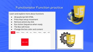 Functionator Function practice
Learn and explore more about functions
● All JavaScript NO HTML
● Press Keys setup movement
● Remove actions by click
● Run Action Sequence when ready
● The Box will move
● Change the box color and content
 