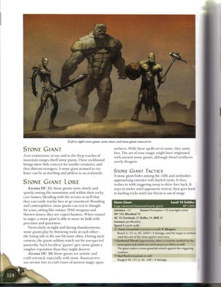 (Left to right) stone giant, stone titan, and stone giant runecarver


STONE GIANT                                                            surfaces. W i t h these spells set in stone, they smite
                                                                       foes. T h e art o f r u n e magic might have originated
A T O P FORBIDDING PEAKS and in t h e deep r e a c h e s o f
                                                                       with ancient stone giants, although d w a r f artificers
mountain ranges dwell stone giants. These rockbound
                                                                       surely disagree.
beings show little concern for smaller creatures, and
they distrust strangers. A stone giant aroused to vio-
lence c a n b e as startling and pitiless as a n avalanche.
                                                                       STONE GIANT TACTICS
                                                                       A stone giant hides among the cliffs a n d ambushes
                                                                       approaching enemies with hurled rocks. It then
STONE GIANT LORE                                                       rushes in with staggering sweep to drive foes back. It
     A r c a n a D C 2 5 : Stone giants move slowly and                stays in m e l e e until opponents retreat, then goes b a c k
quietly among the mountains and within their rocky                     to hurling rocks until any threat is out o f range.
cave homes, blending with the terrain so well that
they c a n easily waylay foes or go unnoticed. Brooding                Stone Giant                                        Level 1 4 Soldier
and contemplative, stone giants c a n rest in thought                  Large elemental humanoid (earth, giant)                    XP 1,000
for years, sitting like statues. W i t h weapons a n d                 Initiative +12         Senses Perception +12; low-light vision
t h r o w n stones, they are expert hunters. W h e n roused            HP 140; Bloodied 70
to anger, a stone giant is able to move its bulk with                  AC 30; Fortitude 27, Reflex 24, W i l l 26
                                                                       Immune petrification
precision and quickness.
                                                                       Speed 8 (earth walk)
   Particularly at night and during thunderstorms,
                                                                       © Stone Greatclub (standard; at-will) • Weapon
stone giants play by throwing rocks at each other—                        Reach 2; +21 vs. AC; 2d10 + 4 damage, and the target is marked
the losing side is the one hit m o r e often. D u r i n g such            until the end of the stone giant's next turn.
contests, t h e giants seldom watch out for u n e x p e c t e d        • Hardened Threat (opportunity, when a creature marked by the
                                                                        I
passersby. Such heedless "games" give stone giants a                      stone giant and within its reach moves or shifts; at-will)
rougher reputation t h a n they might deserve.                            The giant makes a stone greatclub attack against the triggering
                                                                          creature.
   A r c a n a D C 3 0 : Stone giants a r e artistic a n d
                                                                       *Y Hurl Rock (standard; at-will)
craft-oriented, especially with stone. R u n e c a r v e r s
                                                                          Ranged 20; +21 vs. AC; 2d8 + 6 damage.
use a r c a n e lore to craft runes o f ancient magic upon
 