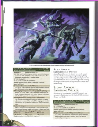 (Left to right) storm archon lightning walker, tempest weaver, and squallshield


Storm Archon Squallshield                       Level 17 Soldier
Medium elemental humanoid (air, water)                  XP 1,600
                                                                        STORM ARCHON
Initiative +15        Senses Perception +15                             SQUALLSHIELD TACTICS
Rain Wall aura 1; each enemy that starts its turn within the aura       A squallshield focuses its attacks on a w e a k target.
  must make a DC 22 Athletics check or Acrobatics check. An             It m a r k s t h e foe from range using snarling              lightning
  enemy that fails the check is knocked prone.                          a n d t h e n teleports n e x t to it using pursuing         storm.    The
HP 168; Bloodied 84
                                                                        squallshield t h e n attacks with its longsword, keeping
AC 33; Fortitude 30, Reflex 30, W i l l 26
                                                                        t h e target m a r k e d until t h e squallshield's other abili-
Immune disease, poison; Resist 15 lightning, 15 thunder
Speed fly 8 (hover)                                                     ties r e c h a r g e .
© Longsword (standard; at-will) • Weapon
  +23 vs. AC; 2d8 + 7 damage, and the target is marked until the        STORM ARCHON
  end of the storm archon squallshield's next turn.
• Snarling Lightning (standard; recharge [x] [H]) • Lightning
 V                                                                      LIGHTNING WALKER
  Ranged 10; +21 vs. Reflex; 2d8 + 7 lightning damage, and the
                                                                        A LIGHTNING W A L K E R CRACKLES w i t h intensity a n d
  target is marked (save ends). Each enemy adjacent to the target
                                                                        a r r o g a n c e , f l a s h i n g across t h e battlefield faster t h a n
  takes half damage and is marked (save ends).
                                                                        t h e eye c a n b l i n k .
Pursuing Storm (move; recharge [x] [n]) • Teleportation
  The storm archon squallshield teleports 7 squares to a space
  adjacent to a creature it has marked. The target grants combat         Storm Archon Lightning Walker                  Level 1 8 Skirmisher
  advantage to the squallshield until the end of the squallshield's      Medium elemental humanoid (air, water)                          XP 2,000
  turn.                                                                  Initiative +18           Senses Perception +16
Mark of the Tempest                                                      H P 171; Bloodied 85
  When a storm archon squallshield hits a creature marked by it         AC 32; Fortitude 29, Reflex 32, W i l l 29
  with a ranged or melee attack, that creature is slowed (save ends).    Immune disease, poison; Resist 15 lightning, 15 thunder
Alignment Chaotic evil       Languages Primordial                        Speed fly 8 (hover)
Str 19 (+12)          Dex 20 (+13)           W i s 15 (+10)              © Spear (standard; at-will) • Teleportation, Weapon
Con24(+15)            Int 17 (+11)           Cha17(+11)                    +23 vs. AC; 2d8 + 4 damage, and the storm archon lightning
Equipment plate armor, light shield, longsword                             walker teleports the target 2 squares. Effect: The lightning
                                                                           walker teleports 2 squares.
 