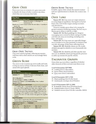 GRAY OOZE                                                                GREEN SLIME TACTICS                                              N
                                                                         In battle, a green slime attacks t h e nearest creature          Z
W R E T C H E D PILES OF STINKING PUS, gray oozes seek
to dissolve t h e bones o f other creatures into slime,                  and uses rapid dissolution to dissolve t h e creature into
which they use to increase their bulk.                                   slime.


Gray Ooze                                      Level 2 Skirmisher        OOZE LORE
Small natural beast (blind, ooze)                               XP 125
                                                                            N a t u r e D C 1 0 : Gray oozes are major nuisances
Initiative +5            Senses Perception +2; blindsight 10,            in archaeological expeditions. Having fed on buried
                         tremorsense 10
                                                                         bones, they seek fresher targets among excavators
Stench aura 2; each creature within the aura takes a -2 penalty to
                                                                         and adventurers.
    attack rolls.
HP 43; Bloodied 21                                                          Dwarves consider green slime to b e among the
AC 15; Fortitude 13, Reflex 15, W i l l 13                               greatest nuisances hindering mining. T h e best way to
Immune gaze; Resist 5 acid                                               destroy green slime is with fire or light.
Speed 5, climb 3                                                              N a t u r e D C 1 4 : Black puddings a r e dungeon-
0   Bone Melt (standard; at-will) • Acid
                                                                         scavenging oozes covered in t h i c k coatings o f tarlike
    +5 vs. Fortitude; 1d6 + 5 acid damage, and the target takes a
                                                                         acid that eats away at everything, including rock,
Slimy (minor; at-will)                                                   bone, and metal.
    The gray ooze shifts 2 squares.                                           N a t u r e D C 1 5 : Gray oozes a r e especially danger-
Alignment Unaligned             Languages -                              ous in n u m b e r s or in close proximity to monsters that
Skills Stealth +12                                                       c a n take advantage of their bone-softening threat.
Str 11 (+1)              Dex 15 (+3)           W i s 11 (+1)                 N a t u r e D C 2 0 : Abolethic skums are t h e results
Con 19 (+5)              lnt1(-4)              Cha 1 (-4)
                                                                         o f failed attempts by aboleths to t u r n humanoids into
                                                                         servitors.
GRAY OOZE TACTICS                                                             N a t u r e D C 2 5 : Aboleths and other psychic mon-
Gray oozes attack in groups, softening up e n e m i e s                  sters use a n abolethic skum's j a r r i n g psychic presence
with bone melt so their attacks are increasingly likely                  to soften up e n e m i e s for psychic attacks.
to hit.

                                                                         ENCOUNTER GROUPS
GREEN SLIME                                                              Oozes show up everywhere, regardless o f w h e t h e r
T H E GREEN SLIME SLITHERS up cavern walls a n d waits                   other denizens o f their environs want t h e m or not.
to drop on sources o f heat. It devours flesh, bone, and
metal with equal aplomb.                                                 Level 4 E n c o u n t e r ( X P 9 0 0 )
                                                                         • 1 ankheg (level 3 elite lurker)
Green Slime                                          Level 4 Lurker      • 2 green slimes (level 4 lurker)
Medium natural beast (blind, ooze)                              XP175    •   2 gray oozes (level 2 skirmisher)
Initiative +9            Senses Perception +2; blindsight 10,
                         tremorsense 10                                  Level 8 E n c o u n t e r ( X P 1 , 7 5 0 )
HP 47; Bloodied 23
                                                                         • 2 black puddings (level 8 elite brute)
AC 20; Fortitude 23, Reflex 17, Will 20
                                                                         • 1 d a r k m a n t l e enveloper (level 8 lurker)
Immune gaze; Resist 5 acid; Vulnerability 5 fire, 5 radiant
Speed 4, climb 4
© Engulf (standard; at-will) • Acid                                      Level 1 9 E n c o u n t e r ( X P 1 2 , 2 0 0 )
    +7 vs. Reflex; 1d6 + 3 acid damage, and the target is engulfed       4 - 1 0 abolethic s k u m s (level 1 8 m i n i o n brute)
    (save ends). While engulfed, the target takes ongoing 5 acid         • 2 aboleth lashers (level 17 brute, MM 8)
    damage and is restrained. While a target is engulfed, attacks
                                                                         • 1 aboleth overseer (level 1 8 elite controller, MM 8)
    that target the green slime deal half damage to the slime and
    half damage to the engulfed creature. While it has a creature
    engulfed, the slime can make attacks only against the engulfed
    creature.
Rapid Dissolution
    A green slime's attacks deal 1d6 extra acid damage to a


Alignment Unaligned              Languages -
Skills Stealth +11
Str 11 (+2)               Dex 16 (+5)          W i s 11 (+2)
Con 17 (+5)              Int 3 (-2)            Cha 1 (-3)




                                                                                                                                              3

                                                                             1
 