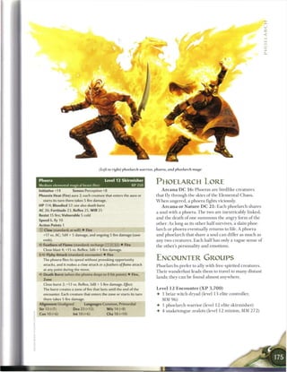 I
                                                                                                                                              U
                                                                                                                                              <
                                                                                                                                              C
                                                                                                                                              1




                                          (Left to right) phoelarch warrior, phoera, and phoelarch mage

Phoera
Medium elemental magical beast (fire)
                                              Level 12 Skirmisher
                                                                XP 350
                                                                           PHOELARCH LORE
Initiative+14          Senses Perception+8                                    A r c a n a D C 1 6 : Phoeras are birdlike creatures
Phoenix Heat (Fire) aura 2; each creature that enters the aura or          that fly through the skies o f the Elemental Chaos.
   starts its turn there takes 5 fire damage.                              W h e n angered, a phoera fights viciously.
HP 114; Bloodied 57; see also death burst                                     A r c a n a o r N a t u r e D C 2 1 : Each phoelarch shares
AC 26; Fortitude 23, Reflex 25, W i l l 25
                                                                           a soul with a phoera. T h e two are inextricably linked,
Resist 15 fire; Vulnerable 5 cold
                                                                           and the death o f one s u m m o n s the angry form o f the
Speed 6, fly 10
Action Points 1                                                            other. As long as its other h a l f survives, a slain phoe-
0   Claw (standard; at-will) • Fire                                        larch or phoera eventually returns to life. A phoera
    +17 vs. AC; 1d4 + 5 damage, and ongoing 5 fire damage (save            and phoelarch that share a soul c a n differ as m u c h as
    ends).                                                                 any two creatures. E a c h h a l f has only a vague sense of
• * Feathers of Flame (standard; recharge
 <                                              [>:] (: i]) • Fire         the other's personality and emotions.
   Close blast 4; +15 vs. Reflex; 3d6 + 5 fire damage.
••• * Flyby Attack (standard; encounter) • Fire
 }/<
    The phoera flies its speed without provoking opportunity                ENCOUNTER GROUPS
    attacks, and it makes a claw attack or a feathers of flame attack       Phoelarchs prefer to ally with free-spirited creatures.
    at any point during the move.
                                                                            T h e i r wanderlust leads t h e m to travel to m a n y distant
4? Death Burst (when the phoera drops to 0 hit points) • Fire,
                                                                            lands; they c a n b e found almost anywhere.
   Zone
   Close burst 2; +13 vs. Reflex; 3d8 + 5 fire damage. EJfect:
   The burst creates a zone of fire that lasts until the end of the         Level 1 2 Encounter ( X P 3 , 7 0 0 )
   encounter. Each creature that enters the zone or starts its turn         • 1 briar witch dryad (level 13 elite controller,
   there takes 5 fire damage.                                                 MM 9 6 )
Alignment Unaligned           Languages Common, Primordial
                                                                            • 1 phoelarch warrior (level 12 elite skirmisher)
Str 13 (+7)            Dex 23 (+12)           W i s 14 (+8)
                                                                            • 4 snaketongue zealots (level 12 minion, MM 2 7 2 )
Con 10 (+6)             Int 10 (+6)            Cha 18 (+10)
 