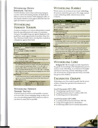 WITHERLING DEATH                                                     WlTHERLING RABBLE                                                                 u
SHRIEKER TACTICS                                                                                                                                       Z
A death shrieker causes chaos and terror among its                   W H E N GNOLLS OR NECROMANCERS c r e a t e witherlings,                           _

enemies with its devastating shrieks. Its death shriek               the process sometimes goes awry. T h e magic instead &
allows it to hurt its e n e m i e s while helping its allies. It     creates witherling rabble, inferior forms o f the
uses thunder shriek to create gaps in defensive lines for            creatures.                                           I—
agile skirmishers to penetrate.                                      Witherling Rabble                          Level 9 Minion Skirmisher
                                                                     Small natural animate (undead)                                            XP100

WITHERLING                                                           Initiative +10             Senses Perception +4; low-light vision
                                                                     HP 1; a missed attack never damages a minion.
HORNED TERROR                                                        AC 23; Fortitude 21, Reflex 22, W i l l 20
                                                                     Speed 8, climb 6
A HORNED TERROR is AN UNDEAD a b o m i n a t i o n c r e a t e d
                                                                     © Claw (standard; at-will)
from t h e specially preserved corpse o f a minotaur.                    +14 vs. AC; 9 damage.
Owing to Yeenoghu's long war against Baphomet, t h e                 Combat Advantage
gnolls have m a n y opportunities to produce these hor-                  A witherling rabble deals 2 extra damage on attacks against any
rors. Minotaurs loathe t h e m , viewing these undead as                 creature granting combat advantage to it.

a blasphemy against their kind.                                      Pack Attack
                                                                         A witherling rabble's melee attacks deal 2 extra damage against
                                                                         any enemy that has two or more of the rabble's allies adjacent
Witherling Horned Terror                           Level 8 Brute         toft
Large natural animate (undead)                               XP350
                                                                     Sudden Leap (move; at-will)
Initiative +6          Senses Perception +6; low-light vision            The witherling rabble jumps 4 squares. During the jump, it
HP 107; Bloodied 53                                                      gains a +5 bonus to AC against opportunity attacks, and any
AC 19; Fortitude 22, Reflex 18, W i l l 18                               enemy that misses the rabble with an opportunity attack grants
Speed 7                                                                  combat advantage to it until the end of the rabble's turn.
© Claws (standard; at-will)                                          Alignment Evil                      Languages Abyssal, Common
   Reach 2; +11 vs. AC; 2d10 + 3 damage.                             Str 11 (+4)                 Dex 19 (+8)                 W i s 11 (+4)
 Horns (standard; at-will)                                          Con 16 (+7)                Int 7 (+2)                  Cha 12 (+5)
   +9 vs. Fortitude; 2d6 + 5 damage, and the witherling horned
   terror pushes the target 2 squares.
• Rampaging Charge (standard; recharge [x] _])
 f                                                                   WlTHERLING LORE
   The witherling horned terror charges and makes the following         R e l i g i o n D C 1 4 : Yeenoghu recently imparted to
   attack in place of a melee basic attack: +11 vs. AC; 2d6 + 5
                                                                     the gnolls the knowledge o f the blasphemous process
   damage. Effect: Make a secondary attack against a different
                                                                     used to create witherlings. A war between Yeenoghu
   target. Secondory Attack: Reach 2; +11 vs. AC; 2d6 + 5 damage.
   EJfect: Make the same attack (without charging) two more times    and O r c u s is brewing, and the witherlings a r e but
   against different targets.                                        one o f several new weapons that the Prince o f Gnolls
Pack Attack                                                          has given to his children.
   A witherling horned terror's melee attacks deal 2 extra damage
   against any enemy that has two or more of the horned terror's
   allies adjacent to it.
                                                                     ENCOUNTER GROUPS
Alignment Evil                  Languages Abyssal, Common            Witherlings were first made by gnolls, but the secret
Str 22 (+10)           Dex 15 (+6)           W i s 15 (+6)           o f their creation has spread to n e c r o m a n c e r s o f
Con 17 (+7)             Int 6 (+2)           Cha 11 (+4)             other races.


WITHERLING HORNED                                                    Level 6 E n c o u n t e r ( X P 1 , 3 0 0 )
                                                                     •    2 d e a t h p l e d g e d gnolls (level 5 b r u t e )
TERROR TACTICS
                                                                     •     1 g n o l l h u n t m a s t e r (level 5 a r t i l l e r y , M M 1 3 2 )
A horned terror is as direct and unsubtle a warrior
                                                                     •    4 w i t h e r l i n g s (level 4 s k i r m i s h e r )
as it was in life. It uses rampaging charge as often as it
can, even provoking opportunity attacks in order to
                                                                     Level 8 E n c o u n t e r ( X P 1 , 8 0 0 )
run down as m a n y foes as possible.
                                                                     •     2 c a m b i o n h e l l s w o r d s ( l e v e l 8 b r u t e , MM 3 9 )
                                                                     •     1 f a n g o f Y e e n o g h u (level 7 skirmisher)
                                                                     •     8 w i t h e r l i n g rabble (level 9 minioFLskirrnisher)
 