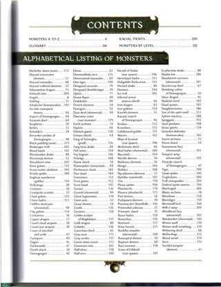 CONTENTS
  MONSTERS A TO Z                                            4           RACIAL TRAITS                                              220

  GLOSSARY                                                  216          MONSTERS BY LEVEL                                          221



A L P H A B E T I C A L LISTING O F                                     MONSTERS

  Abolethic skum (ooze)     172    Devas                           62   Herald of Hadar                    Scytheclaw drake               88
  Abyssal eviscerator              Diamondhide xorn               215      (star spawn)            196     Shadar-kai                 180
     (demon)                 51    Dimensional marauder           69    Heroslayer hydra           151     Shardstorm vortexes
  Abyssal marauder           48    Dire tiger                     199   Hobgoblin fleshcarver      132        (elemental)             101
  Abyssal rotfiend (demon)... 52   Direguard assassin        70         Horned drake                88     Shocktroop devil            67
  Adamantine dragon           75   Direguard deathbringer... 70         Humans                     144     Shrieking cultist
  Ambush vine               204    Djinns                          71   Ice troll                  202        of Demogorgon               50
  Angels                      8    Doom flayer                     49   Infernal armor                     Silver dragon                  85
  Ankheg                      11   Drakkoths                       90       animus (devil)          66     Skeletal steed             183
  Arbalester (homunculus).. .143   Dretch (demon)                  54   Iron dragon                 83     Slaad spawn                185
  Arctide runespiral               Duergars                        92   Iron golems                134     Slaughterstones            186
     demon                   60    Dust devil (elemental)          99   Kazrith (demon)             55     Son of the spirit wolf     211
  Aspect of Demogorgon       44    Dweomer eater                        Kazuul, exarch                     Sphinx mystery             188
  Assassin devil             64      (rust monster)               179      of Demogorgon            46     Spriggans                  192
  Barghests                  20    Earth archons                   14   Kenkus                     152     Steel predator             198
  Behirs                     22    Eladrin                         96   Krenshars                  155     Stone giants               124
  Beholders                  24    Eldritch giants                120   Lolthbound goblin          131     Stonefist defender
  Berserker prelate of             Erinyes (devil)                 64   Maruts                     162        (homunculus)            143
     Demogorgon              48    Fang of Yeenoghu                     Maw of Acamar                      Storm archons               15
  Black pudding (ooze)      172       (gnoll)                     126       (star spawn)           196     Storm shard                    34
  Bladerager troll          202    Fang titan drake                89   Misfortune devil             66    Stormstone fury
  Blood hawk                142    Fell taints                    104   Mud lasher (elemental)... 100         (elemental)             101
  Bloodseeker drake          88    Fey lingerer                   106   Myconids                   164     Tempest wisp
  Bloodseep demon            53    Firbolgs                       108   Needle demon                56        (elemental)             102
  Bloodthorn vine           205    Flame shard                     34   Neldrazu (demon)            56     Thrarak, exarch
  Bone golem                133    Flamespiker (elemental)... 99        Neogis                     166        of Demogorgon               47
  Bonecrusher skeleton      183    Fleshtearer shark         182        Nothics                    168     Tiger                      199
  Bristle spider            189    Fluxslaad                      184   Nycademon (demon)           57     Tomb spider                190
  Bugbear wardancer                Fomorians                      112   Nyfellar mammoth            161    Troglodytes                200
     (goblin)               130    Frost giants                   122   Oni                         170    Troll vinespeaker          203
  Bullywugs                  28    Frost hawk                     142   Phase spider                190    Umbral sprite swarm        194
  Centaurs                   30    Cenasi                         116   Phoelarchs                  174    Warforged                  206
  Centipede scuttler         33    Ceonid (elemental)              99   Phoera (phoelarch)          175    Water archons               18
  Chain golem               133    Ghost legionnaire              119   Pod demon                    58    Wereboar                   158
  Chaos hydra               151    Giant ants                      12   Podspawn (demon)             59    Weretiger                  159
  Chillfire destroyer              Gnaw demon                      54   Poisonscales (lizardfolk)... 156   Werewolf lord              160
     (elemental)             98    Gnolls                         126   Primordial colossus          37    Will-o'-wisp               209
  Clay golem                134    Gnomes                         128   Prismatic shard              35    Windfiend fury
  Cockatrice                 36    Goblin acolyte                       Razor hydra                 150       (elemental)             102
  Copper dragon              77       of Maglubiyet               131   Remorhaz                    176    Windstriker (elemental).. .103
  Couatl cloud serpent        38   Gold dragon                     80   Retriever                   177    Winter wolf                210
  Couatl star serpent         38   Goliaths                       136   Rime hound                  211    Winter wolf snowfang       210
  Coure of mischief                Gorechain devil                 65   Rockfist smasher                   Withering devil                68
     and strife               97   Gray ooze                      173      (elemental)              100    Witherlings                212
  Cyclopses                   40   Gray render                    137   Runespiral demon             59    W o o d woad               214
  Dagon                       45   Green slime (ooze)             173   Rupture demon                60    Xorn                       215
  Darkmantle                  41   Greenvise vine                 205   Rust monster                178    Yochlol tempter
  Death shard                 34   Half-elves                     138   Scion of Gibbeth                      (demon)                     61
  Demogorgon                  42   Half-ores                      140       (star spawn)            197
 