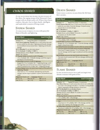 CHAOS SHARD                                                            DEATH SHARD
                                                                       T H E S E E E R I L Y GLOWING S H A R D S d r a i n t h e life from
                                                                       their e n e m i e s .
 A T T H E MAELSTROM THAT MARKS T H E BOUNDARIES o f
 the Abyss, t h e raging energy o f the Elemental Chaos
                                                                       Death Shard                                         Level 8 Artillery
 merges with a n all-pervasive evil. W h e r e these forces            Medium elemental magical beast                                   XP350
 coalesce, they give rise to chaos shards—intelligent
                                                                       Initiative +9           Senses Perception +7; darkvision
 and malevolent creatures o f living crystal.                          Death Shadow (Necrotic) aura 2; each enemy that ends its turn
                                                                          within the aura takes 4 necrotic damage. A slowed enemy

 STORM SHARD                                                              instead takes 6 necrotic damage.
                                                                       HP 71; Bloodied 35
 A STORM S H A R D PUMMELS ITS FOES with powerful                      AC 20; Fortitude 19, Reflex 21, W i l l 19
 blasts o f thunder and lightning.                                     Immune disease, poison; Resist 10 necrotic, 5 variable ( 1 /
                                                                          encounter); see also life to death
                                                                       Speed 3, fly 3 (hover)
 Storm Shard                                     Level 4 Artillery
                                                                       © Razor Shard (standard; at-will)
                                                              XP 175
                                                                          +13 vs. Reflex; 1d10 + 4 damage.
 Initiative +6         Senses Perception +4; darkvision
                                                                       > Death Bolt (standard; at-will) • Necrotic
                                                                        T
 Static Storm (Lightning, Thunder) aura 2; each enemy that ends
                                                                          Ranged 10; +13 vs. Fortitude; 2d6 + 5 necrotic damage, and the
   its turn within the aura takes 3 lightning and thunder damage.
                                                                          target is slowed (save ends).
   An immobilized enemy instead takes 5 lightning and thunder
                                                                          Critical Fracture (immediate reaction, when an enemy scores a
   damage.
                                                                          critical hit against the death shard; encounter) • Necrotic
 HP 44; Bloodied 22; see also storm shatter
                                                                          Close burst 2; targets enemies; +13 vs. Fortitude; 1d8 + 5
 AC 16; Fortitude 15, Reflex 17, W i l l 15
                                                                          necrotic damage, and the target is weakened until the end of its
 Immune disease, poison; Resist 5 variable (1/encounter)
                                                                          next turn.
 Speed 3, fly 3 (hover)
                                                                       Life to Death (whenever the death shard resists damage)
 © Thunder Strike (standard; at-will) • Thunder
                                                                          The death shard's attacks deal 1d8 extra damage until the end
   +9 vs. Fortitude; 1d6 + 4 thunder damage, and if the target is
                                                                          of its next turn.
   bloodied it is knocked prone.
                                                                       Alignment Chaotic evil          Languages Abyssal
   Shock Bolt (standard; at-will) • Lightning
                                                                       Skills Stealth +14
    Ranged 10; +9 vs. Fortitude; 1d6 + 4 lightning damage, and if
                                                                       Str 14 (+6)              Dex 20 (+9)             W i s 16 (+7)
   the target does not end its next turn at least 4 squares from
                                                                       Con 17 (+7)              Int 7 (+2)              Cha 14 (+6)
   where it started its turn, it takes 3d6 + 6 lightning damage.
   Storm Shatter (when the storm shard drops to 0 hit points) •
    Lightning, Thunder                                                 FLAME SHARD
   Close burst 3; +9 vs. Fortitude; 2d6 lightning and thunder
                                                                       F L A M E S H A R D S R A D I A T E H E A T a n d c a n target even
    damage, and the target is pushed 3 squares and deafened (save
    ends).                                                             distant creatures with gouts o f fire.
 Alignment Chaotic evil         Languages Abyssal
 Str 15 (+4)              Dex 18 (+6)         W i s 14 (+4)            Flame Shard                                        Level 12 Artillery
 Con14(+4)                lnt7(+0)            Cha 15 (+4)              Medium elemental magical beast                                   XP700
                                                                       Initiative +10           Senses Perception +8; darkvision
                                                                       Heat W a v e (Fire) aura 2; each enemy that ends its turn within the
                                                                          aura takes 5 fire damage and takes a -2 penalty to saving throws
                                                                          against ongoing fire damage during its current turn.
                                                                       HP 100; Bloodied 50; see also flame shatter
                                                                       AC 24; Fortitude 25, Reflex 23, W i l l 23
                                                                       Immune disease, poison; Resist 10 variable (2/encounter)
                                                                       Speed 4, fly 4 (hover)
                                                                       © Burning Shard (standard; at-will) • Fire
                                                                          +17 vs. Reflex; 1d8 + 5 fire damage.
                                                                       • • Flame Shatter (when the flame shard drops to 0 hit points) •
                                                                       <•
                                                                          Fire
                                                                          Close burst 2; +17 vs. Reflex; 1d8 + 5 fire damage, and the
                                                                          target takes ongoing 5 fire damage (save ends).
                                                                            Flame Burst (standard; at-will) • F i r e
                                                                          Area burst 2 within 20; +17 vs. Reflex; 1d8 + 5 fire damage.
                                                                       Alignment Chaotic evil          Languages Abyssal
                                                                       Str 19 (+10)             Dex 19 (+10)            W i s 15 (+8)
                                                                       Con 22 (+12)             Int 7 (+4)              Cha 18 (+10)
 