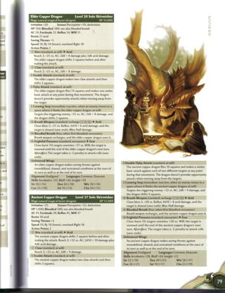 Elder Copper Dragon                     Level 2 0 Solo Skirmisher
Huge natural magical beast (dragon)                         XP 14,000
Initiative +20       Senses Perception +19; darkvision
HP 760; Bloodied 380; see also bloodied breath
AC 34; Fortitude 32, Reflex 34, W i l l 31
Resist 25 acid
Saving Throws +5
Speed 10, fly 14 (hover), overland flight 18
Action Points 2
£ Bite (standard; at-will) • Acid
 Reach 2; +25 vs. AC; 2d8 + 8 damage plus 3d6 acid damage.
 The elder copper dragon shifts 2 squares before and after
 making the attack.
 * Claw (standard; at-will)
     Reach 2; +25 vs. AC; 2d6 + 8 damage.
- Double Attack (standard; at-will)
     The elder copper dragon makes two claw attacks and then
     shifts 3 squares.
- Flyby Attack (standard; at-will)
     The elder copper dragon flies 14 squares and makes one melee
     basic attack at any point during that movement. The dragon
     doesn't provoke opportunity attacks when moving away from
     the target.
- Cutwing Step (immediate reaction, when an enemy moves to a
     space where it flanks the elder copper dragon; at-will)
     Targets the triggering enemy; +25 vs. AC; 2d6 + 8 damage, and
     the dragon shifts 3 squares.
• - Breath Weapon (standard; recharge X X Mi) • Acid
     Close blast 5; +21 vs. Reflex; 3d10 + 6 acid damage, and the
   target is slowed (save ends). Miss: Half damage.
< Bloodied Breath (free, when first bloodied; encounter)
 -
  Breath weapon recharges, and the elder copper dragon uses it.
<- Frightful Presence (standard; encounter) • Fear
     Close burst 10; targets enemies; +21 vs. Will; the target is
     stunned until the end of the elder copper dragon's next turn.
     Aftereffect: The target takes a -2 penalty to attack rolls (save
  ends).
Unfettered Wings
                                                                         4 Double Flyby Attack (standard; at-will)
     An elder copper dragon makes saving throws against
                                                                           The ancient copper dragon flies 16 squares and makes a melee
     immobilized, slowed, and restrained conditions at the start of
                                                                           basic attack against each of two different targets at any point
   its turn as well as at the end of its turn.
                                                                           during that movement. The dragon doesn't provoke opportunity
Alignment Unaligned            Languages Common, Draconic
                                                                           attacks when moving away from the targets.
Skills Acrobatics +23, Bluff+20, Insight +19
                                                                         4 Cutwing Step (immediate reaction, when an enemy moves to a
Str20(+15)              Dex26(+18)             Wis18(+14)
                                                                            space where it flanks the ancient copper dragon; at-will)
Con 22 (+16)             Int 16 (+13)           Cha 20 (+15)
                                                                            Targets the triggering enemy; +32 vs. AC; 2d8 + 9 damage, and
                                                                            the dragon shifts 4 squares.
Ancient Copper Dragon                   Level 27 Solo Skirmisher            Breath Weapon (standard; recharge j : : X i i ) • Acid
Huge natural magical beast (dragon)                          XP 55,000      Close blast 5; +28 vs. Reflex; 4d10 + 8 acid damage, and the
Initiative +25         Senses Perception +22; darkvision                    target is slowed (save ends). Miss: Half damage.
HP 1,000; Bloodied 500; see also bloodied breath                            Bloodied Breath (free, when first bloodied; encounter)
AC 41; Fortitude 39, Reflex 41, W i l l 37                                  Breath weapon recharges, and the ancient copper dragon uses it.
Resist 30 acid                                                           • * Frightful Presence (standard; encounter) • Fear
                                                                          <
Saving Throws +5                                                           Close burst 10; targets enemies; +28 vs. Will; the target is
Speed 10, fly 14 (hover), overland flight 18                               stunned until the end of the ancient copper dragon's next
Action Points 2                                                            turn. Aftereffect: The target takes a -2 penalty to attack rolls
 4
    Bite (standard; at-will) • Acid                                        (save ends).
     The ancient copper dragon shifts 2 squares before and after         Unfettered Wings
     making the attack. Reach 2; +32 vs. AC; 2d10 + 10 damage plus          An ancient copper dragon makes saving throws against
   4d6 acid damage.                                                         immobilized, slowed, and restrained conditions at the start of
 ; Claw (standard; at-will)                                                 its turn as well as at the end of its turn.
   Reach 2; +32 vs. AC; 2d8 + 9 damage,                                  Alignment Unaligned            Languages Common, Draconic
f Double Attack (standard; at-will)                                      Skills Acrobatics +28, Bluff+24, Insight +22
     The ancient copper dragon makes two claw attacks and then           Str 22 (+19)            Dex 30 (+23)           W i s 18 (+17)
     shifts 3 squares.                                                   Con 26 (+21)         Int 18 (+17)           Cha 22 (+19)
 