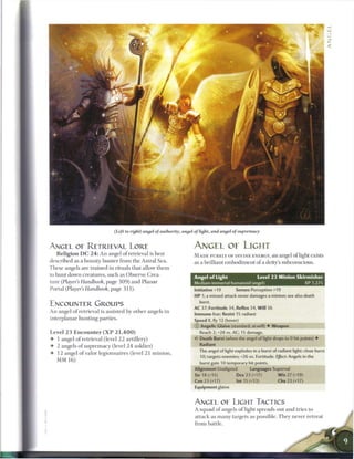 (Left to right) angei of authority, angel of light, and angel of supremacy


ANGEL OE RETRIEVAL LORE                                                ANGEL OE LIGHT
   R e l i g i o n D C 2 4 : An angel o f retrieval is best            M A D E PURELY OF DIVINE ENERGY, a n angel o f light exists
described as a bounty hunter from the Astral Sea.                      as a brilliant embodiment o f a deity's subconscious.
These angels are trained in rituals that allow t h e m
to hunt down creatures, such as Observe Crea-                          Angel of Light                    Level 2 3 Minion Skirmisher
ture (Players Handbook, page 3 0 9 ) and Planar                        Medium immortal humanoid angel)                               XP 1,275
Portal (Player's Handbook, page 3 1 1 ) .                              Initiative +19        Senses Perception +19
                                                                       H P 1; a missed attack never damages a minion; see also death
                                                                          burst.
ENCOUNTER GROUPS
                                                                       AC 37; Fortitude 34, Reflex 34, W i l l 36
An angel o f retrieval is assisted by other angels in
                                                                       Immune fear; Resist 15 radiant
interplanar hunting parties.                                           Speed 8, fly 12 (hover)
                                                                       © Angelic Glaive (standard; at-will) • Weapon
Level 2 3 E n c o u n t e r ( X P 2 1 , 4 0 0 )                           Reach 2; +28 vs. AC; 15 damage.
• 1 angel o f retrieval (level 2 2 artillery)                          <* Death Burst (when the angel of light drops to 0 hit points) •

• 2 angels o f supremacy (level 2 4 soldier)                              Radiant
                                                                          The angel of light explodes in a burst of radiant light: close burst
• 1 2 angel o f valor legionnaires (level 2 1 minion,




                                                                                                                                      •
                                                                          10; targets enemies; +26 vs. Fortitude. Effect: Angels in the
  M M 16)
                                                                          burst gain 10 temporary hit points.
                                                                       Alignment Unaligned           Languages Supernal
                                                                       Str 18 (+15)          Dex 23 (+17)           W i s 27 (+19)
                                                                       Con 2 3 (+17)          Int 15 (+13)          Cha 2 3 (+17)
                                                                       Equipment glaive


                                                                       ANGEL OE LIGHT TACTICS
                                                                       A squad o f angels o f light spreads out and tries to
                                                                       attack as m a n y targets as possible. They never retreat
                                                                       from battle.
 