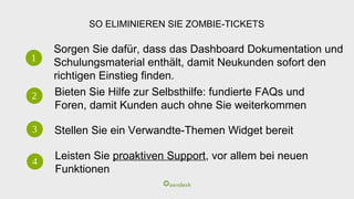 SO ELIMINIEREN SIE ZOMBIE-TICKETS
1
2
3
4
Sorgen Sie dafür, dass das Dashboard Dokumentation und
Schulungsmaterial enthält, damit Neukunden sofort den
richtigen Einstieg finden.
Bieten Sie Hilfe zur Selbsthilfe: fundierte FAQs und
Foren, damit Kunden auch ohne Sie weiterkommen
Stellen Sie ein Verwandte-Themen Widget bereit
Leisten Sie proaktiven Support, vor allem bei neuen
Funktionen
 