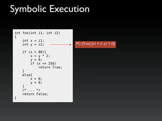 Symbolic Execution
PC: { x1 > 80 ?} [x1 = i1, y1 = i2]
 