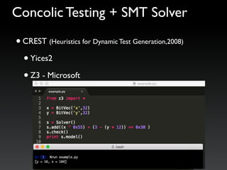 •CREST (Heuristics for Dynamic Test Generation,2008)
•Yices2
•Z3 - Microsoft
Concolic Testing + SMT Solver
 