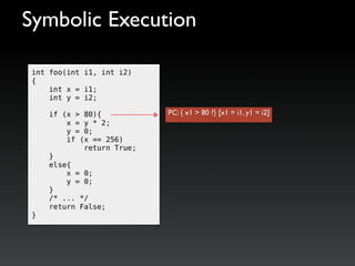 Symbolic Execution
PC: { x1 > 80 ?} [x1 = i1, y1 = i2]
 