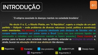 0 1
INTRODUÇÃO
'O estigma associado às doenças mentais na sociedade brasileira'
No século V a. C., o filósofo Platão, em “A República”, sugeriu a criação de um país
perfeito – Kalípolis – onde problemas de diversas naturezas (social, política e econômica)
eram inexistentes. No entanto, a proposta idealizada pelo discípulo de Sócrates não se
cumpre neste momento em países como o Brasil [uma vez que entraves ligados ao
preconceito a cidadãos com transtornos mentais se fazem presente.] Dessa maneira, é
preciso, para se buscar uma sociedade mais igualitária, entender as limitações do estado e,
ainda, buscar na educação dirimir esse obstáculo tão danoso.
Repertório Conector Uso produtivo SUBSTITUIR Desejo futuro
Argumento 1 Argumento 2
 