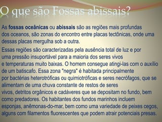 O que são Fossas abissais?
As fossas oceânicas ou abissais são as regiões mais profundas
dos oceanos, são zonas do encontro entre placas tectônicas, onde uma
dessas placas mergulha sob a outra.
Essas regiões são caracterizadas pela ausência total de luz e por
uma pressão insuportável para a maioria dos seres vivos
e temperaturas muito baixas. O homem consegue atingi-las com o auxílio
de um batiscafo. Essa zona "negra" é habitada principalmente
por bactérias heterotróficas ou quimiotróficas e seres necrófagos, que se
alimentam de uma chuva constante de restos de seres
vivos, detritos orgânicos e cadáveres que se depositam no fundo, bem
como predadores. Os habitantes dos fundos marinhos incluem
esponjas, anêmonas-do-mar, bem como uma variedade de peixes cegos,
alguns com filamentos fluorescentes que podem atrair potenciais presas.
 
