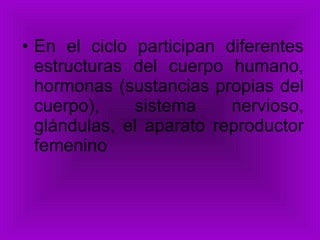 En el ciclo participan diferentes estructuras del cuerpo humano, hormonas (sustancias propias del cuerpo), sistema nervioso, glándulas, el aparato reproductor femenino 