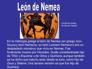 En la mitología griega el león de Nemea (en griego λεον Νεμειος leon Nemeios; en latín Leonem Nemeum) era un despiadado monstruo que vivía en Nemea. Fue finalmente muerto por Heracles. Suele considerársele hijo de Tifón y Equidna o de Ortos y Quimera, aunque también se ha dicho que habría caído desde la luna, como hijo de Zeus y Selene. Una tercera versión es que fue hijo de Quimera. León de Nemea Cerámica griega  de figuras negras 