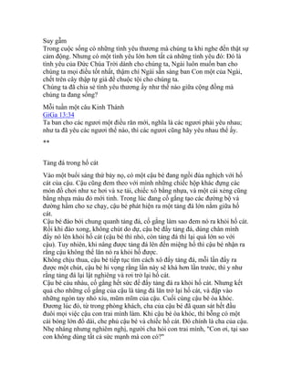 Suy gẫm
Trong cuộc sống có những tình yêu thương mà chúng ta khi nghe đến thật sự
cảm động. Nhưng có một tình yêu lớn hơn tất cả những tình yêu đó: Đó là
tình yêu của Đức Chúa Trời dành cho chúng ta, Ngài luôn muốn ban cho
chúng ta mọi điều tốt nhất, thậm chí Ngài sẵn sàng ban Con một của Ngài,
chết trên cây thập tự giá để chuộc tội cho chúng ta.
Chúng ta đã chia sẻ tình yêu thương ấy như thế nào giữa cộng đồng mà
chúng ta đang sống?
Mỗi tuần một câu Kinh Thánh
GiGa 13:34
Ta ban cho các ngươi một điều răn mới, nghĩa là các ngươi phải yêu nhau;
như ta đã yêu các ngươi thể nào, thì các ngươi cũng hãy yêu nhau thể ấy.
**
Tảng đá trong hố cát
Vào một buổi sáng thứ bảy nọ, có một cậu bé đang ngồi đùa nghịch với hố
cát của cậu. Cậu cũng đem theo với mình những chiếc hộp khác đựng các
món đồ chơi như xe hơi và xe tải, chiếc xô bằng nhựa, và một cái xẻng cũng
bằng nhựa màu đỏ mới tinh. Trong lúc đang cố gắng tạo các đường bộ và
đường hầm cho xe chạy, cậu bé phát hiện ra một tảng đá lớn nằm giữa hố
cát.
Cậu bé đào bới chung quanh tảng đá, cố gắng làm sao đem nó ra khỏi hố cát.
Rồi khi đào xong, không chút do dự, cậu bé đẩy tảng đá, dùng chân mình
đẩy nó lên khỏi hố cát (cậu bé thì nhỏ, còn tảng đá thì lại quá lớn so với
cậu). Tuy nhiên, khi nâng được tảng đá lên đến miệng hố thì cậu bé nhận ra
rằng cậu không thể lăn nó ra khỏi hố được.
Không chịu thua, cậu bé tiếp tục tìm cách xô đẩy tảng đá, mỗi lần đẩy ra
được một chút, cậu bé hi vọng rằng lần này sẽ khá hơn lần trước, thì y như
rằng tảng đá lại lật nghiêng và rơi trở lại hố cát.
Cậu bé càu nhàu, cố gắng hết sức để đẩy tảng đá ra khỏi hố cát. Nhưng kết
quả cho những cố gắng của cậu là tảng đá lăn trở lại hố cát, và đập vào
những ngón tay nhỏ xíu, mũm mĩm của cậu. Cuối cùng cậu bé òa khóc.
Đương lúc đó, từ trong phòng khách, cha của cậu bé đã quan sát hết đầu
đuôi mọi việc cậu con trai mình làm. Khi cậu bé òa khóc, thì bỗng có một
cái bóng lớn đổ dài, che phủ cậu bé và chiếc hố cát. Đó chính là cha của cậu.
Nhẹ nhàng nhưng nghiêm nghị, người cha hỏi con trai mình, "Con ơi, tại sao
con không dùng tất cả sức mạnh mà con có?"
 