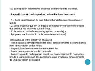 •Su participación instrumenta acciones en beneficio de los niños.
• La participación de los padres de familia tiene dos caras:
• 1.- tiene la percepción de que debe haber distancia entre escuela y
familia
• 2.-tiene presente que sin un trabajo compartido y cercano entre estos
dos ámbitos los alcances son mínimos.
• Colaboran en actividades pedagógicas con sus hijos.
• Apoyo en mantenimiento de la escuela (comisiones).
•Intercambios entre colectivos escolares
• Tiene clara su corresponsabilidad en el establecimiento de condiciones
para la educación de los niños.
• La participación es eminentemente femenina.
• La escuela está abierta a la comunidad.
• Los consejos de participación social y el acompañamiento que se les
brinda a las familias son dos condiciones que ayudan al fortalecimiento
de una educación de calidad.
 