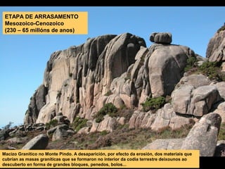 ETAPA DE ARRASAMENTO
Mesozoico-Cenozoico
(230 – 65 millóns de anos)
Macizo Granítico no Monte Pindo. A desaparición, por efecto da erosión, dos materiais que
cubrían as masas graníticas que se formaron no interior da codia terrestre deixounos ao
descuberto en forma de grandes bloques, penedos, bolos...
 