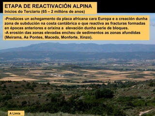 ETAPA DE REACTIVACIÓN ALPINA
Inicios do Terciario (65 – 2 millóns de anos)
-Prodúces un achegamento da placa africana cara Europa e a creación dunha
zona de subdución na costa cantábrica o que reactiva as fracturas formadas
en épocas anteriores e orixina a elevación dunha serie de bloques.
-A erosión das zonas elevadas encheu de sedimentos as zonas afundidas
(Meirama, As Pontes, Maceda, Monforte, Xinzo).
A Limia
 