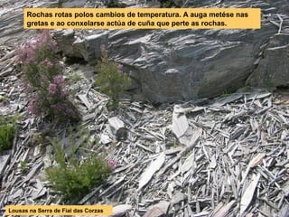 Rochas rotas polos cambios de temperatura. A auga metése nas
gretas e ao conxelarse actúa de cuña que perte as rochas.
Lousas na Serra de Fial das Corzas
 
