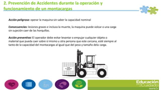 2. Prevención de Accidentes durante la operación y
funcionamiento de un montacargas
Acción peligrosa: operar la maquina sin saber la capacidad nominal
Consecuencias: lesiones graves e incluso la muerte, la maquina puede volcar o una carga
sin sujeción caer de las horquillas.
Acción preventiva: El operador debe evitar levantar o empujar cualquier objeto o
material que pueda caer sobre sí mismo u otra persona que este cercana, esté siempre al
tanto de la capacidad del montacargas al igual que del peso y tamaño dela carga.
 