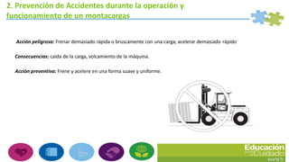 2. Prevención de Accidentes durante la operación y
funcionamiento de un montacargas
Acción peligrosa: Frenar demasiado rápida o bruscamente con una carga; acelerar demasiado rápido
Consecuencias: caída de la carga, volcamiento de la máquina.
Acción preventiva: Frene y acelere en una forma suave y uniforme.
 