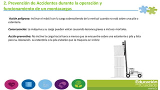2. Prevención de Accidentes durante la operación y
funcionamiento de un montacargas
Acción peligrosa: Inclinar el mástil con la carga sobresaliendo de la vertical cuando no está sobre una pila o
estantería.
Consecuencias: La máquina y su carga pueden volcar causando lesiones graves e incluso mortales.
Acción preventiva: No incline la carga hacia fuera a menos que se encuentre sobre una estantería o pila y lista
para su colocación. La estantería o la pila evitarán que la máquina se incline
 