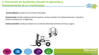 2. Prevención de Accidentes durante la operación y
funcionamiento de un montacargas
Acción peligrosa: Conducir sin el cinturón abrochado.
Consecuencias: Pueden producirse lesiones graves e incluso mortales si la máquina bascula o si pierde el
control y colisiona con un objeto fijo.
Acción preventiva: Conduzca siempre con el cinturón abrochado de forma correcta y segura.
 
