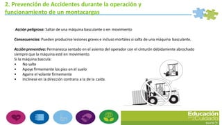 2. Prevención de Accidentes durante la operación y
funcionamiento de un montacargas
Acción peligrosa: Saltar de una máquina basculante o en movimiento
Consecuencias: Pueden producirse lesiones graves e incluso mortales si salta de una máquina basculante.
Acción preventiva: Permanezca sentado en el asiento del operador con el cinturón debidamente abrochado
siempre que la máquina esté en movimiento.
Si la máquina bascula:
• No salte
• Apoye firmemente los pies en el suelo
• Agarre el volante firmemente
• Inclínese en la dirección contraria a la de la caída.
 