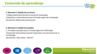Contenido de aprendizaje
1. Momento 1: Cuidado de uno mismo
1.Peligros potenciales durante el manejo de montacargas
2.Requisitos y recomendaciones para el manejo seguro de montacargas
Herramienta: Balance de consecuencias
2. Momento 2: Cuidado de la palabra
1. Principales conceptos para un manejo seguro de montacargas
2.Prevención de Accidentes durante la operación y funcionamiento de un
montacargas
Herramienta: “Clay mation - Clay Art”
 