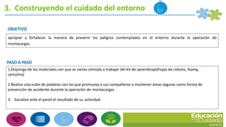 3. Construyendo el cuidado del entorno
OBJETIVO
apropiar y fortalecer la manera de prevenir los peligros contemplados en el entorno durante la operación de
montacargas.
PASO A PASO
1.Disponga de los materiales con que se sienta cómoda a trabajar del kit de aprendizaje(hojas de colores, foamy,
cartulina)
2.Realice una nube de palabras con las que promueva a sus compañeros a mantener áreas seguras como forma de
prevención de accidente durante la operación de montacargas.
3. Socialice ante el panel el resultado de su actividad.
 